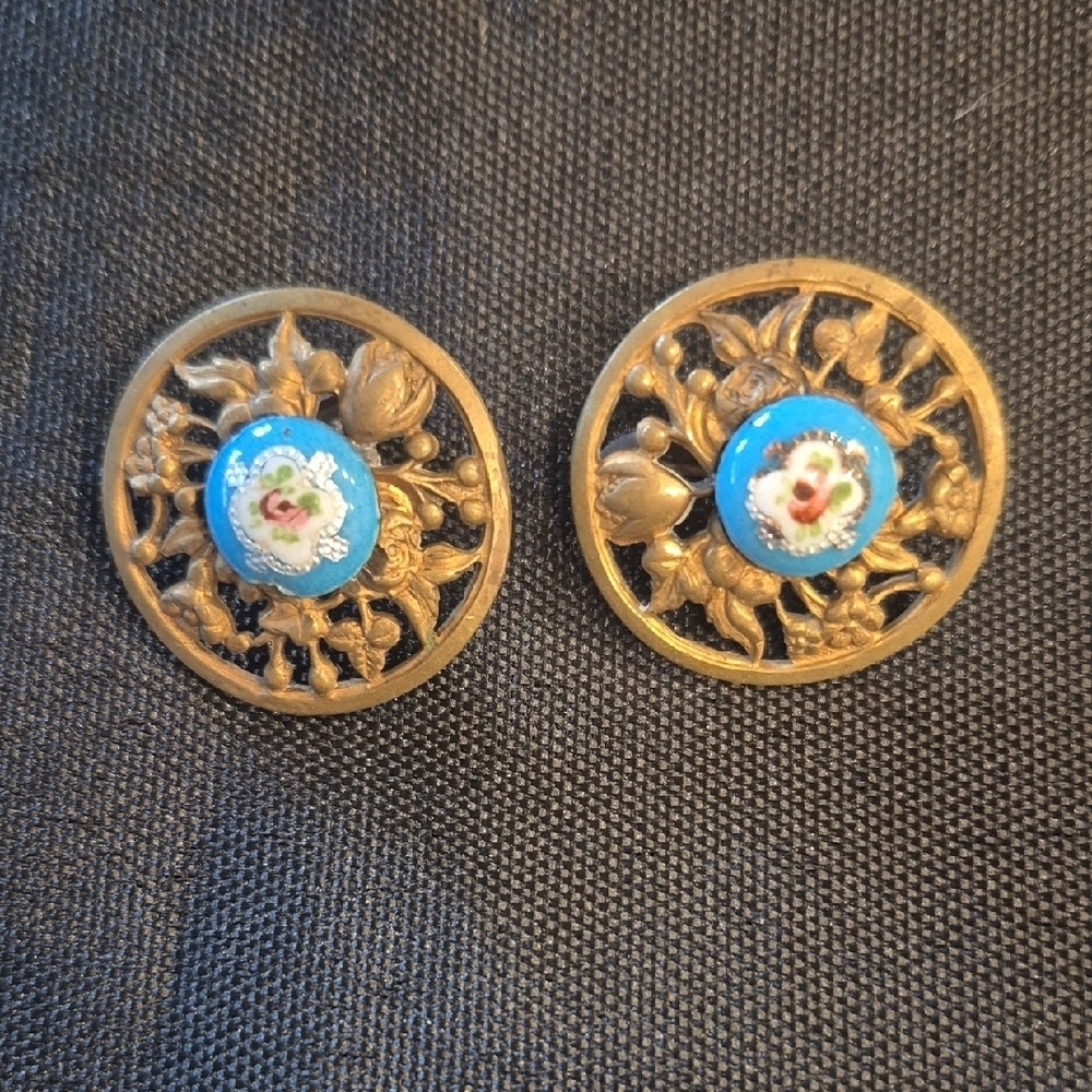 Vintage Bronze Painted Floral Clip On Earrings